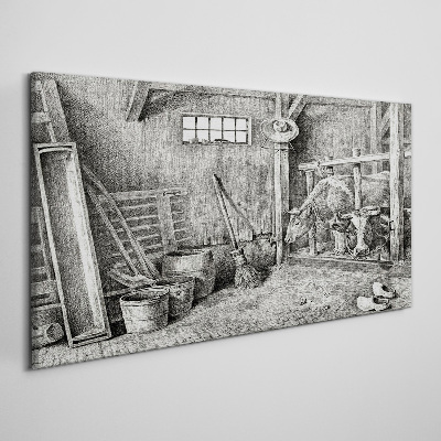 Canvas schilderij Een hok met koeien en gereedschap