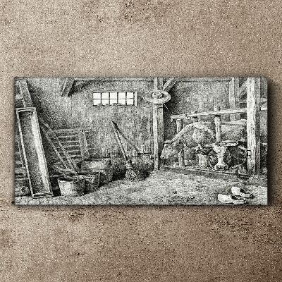 Canvas schilderij Een hok met koeien en gereedschap