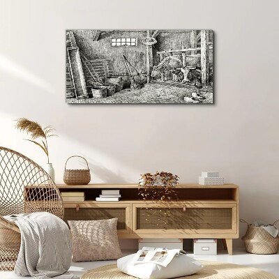 Canvas schilderij Een hok met koeien en gereedschap