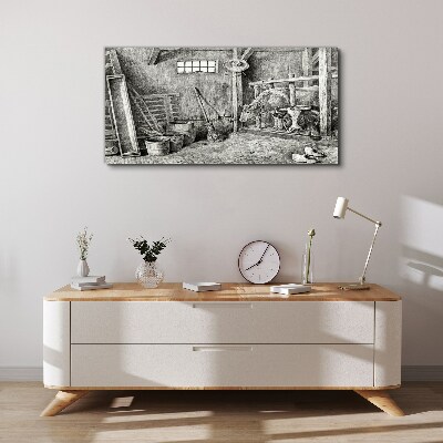 Canvas schilderij Een hok met koeien en gereedschap
