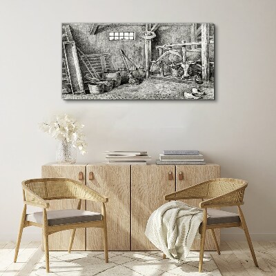 Canvas schilderij Een hok met koeien en gereedschap