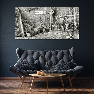 Canvas schilderij Een hok met koeien en gereedschap