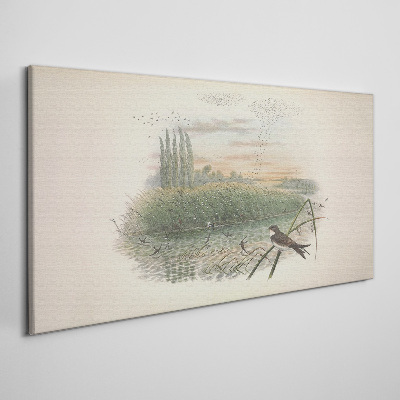 Canvas schilderij Een vredig landschap met een vogel