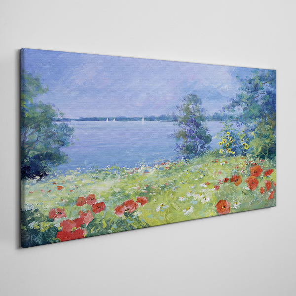 Foto op canvas Bloemenlandschap aan het meer