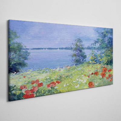 Foto op canvas Bloemenlandschap aan het meer