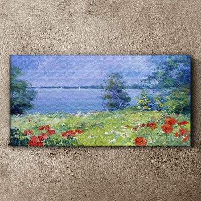 Foto op canvas Bloemenlandschap aan het meer