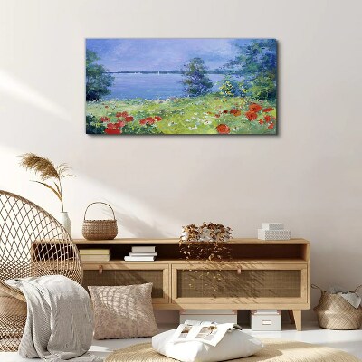 Foto op canvas Bloemenlandschap aan het meer