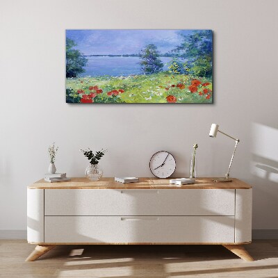 Foto op canvas Bloemenlandschap aan het meer