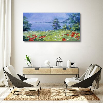 Foto op canvas Bloemenlandschap aan het meer