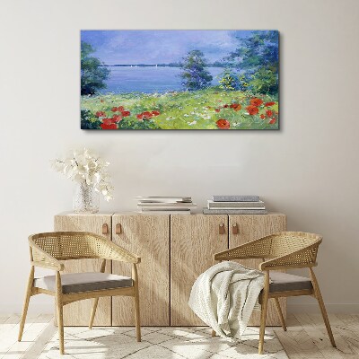 Foto op canvas Bloemenlandschap aan het meer