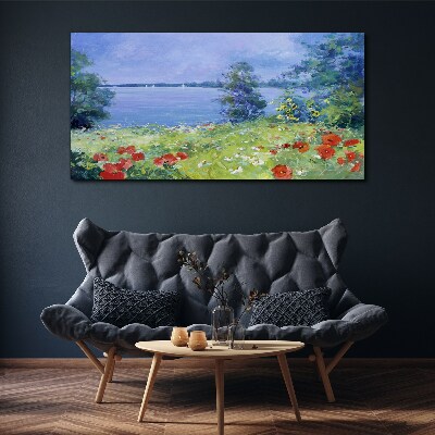 Foto op canvas Bloemenlandschap aan het meer