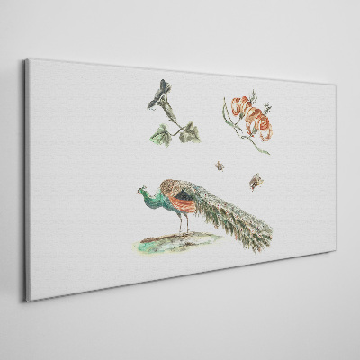 Schilderij op doek Pauw tussen bloemen en insecten