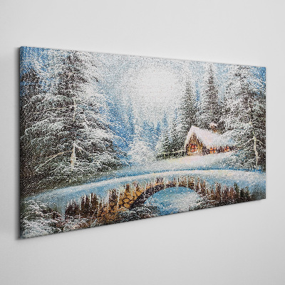 Foto op canvas Winterlandschap met een huisje in het bos