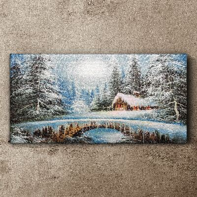 Foto op canvas Winterlandschap met een huisje in het bos