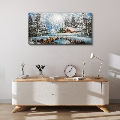 Foto op canvas Winterlandschap met een huisje in het bos
