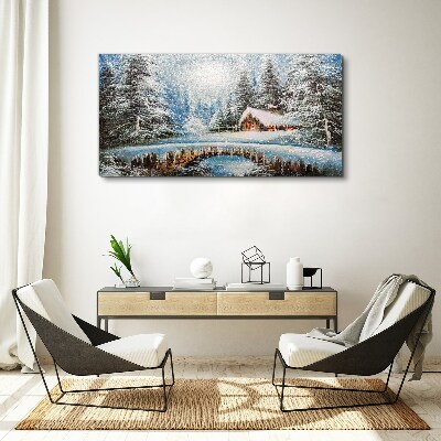 Foto op canvas Winterlandschap met een huisje in het bos