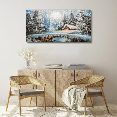 Foto op canvas Winterlandschap met een huisje in het bos