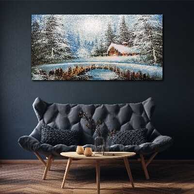Foto op canvas Winterlandschap met een huisje in het bos