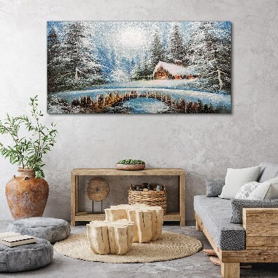 Foto op canvas Winterlandschap met een huisje in het bos