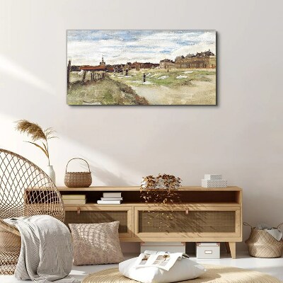 Canvas schilderij Landschap met figuren tegen de achtergrond van de stad