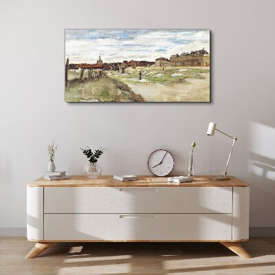 Canvas schilderij Landschap met figuren tegen de achtergrond van de stad