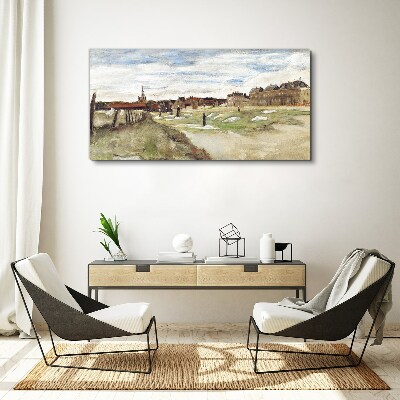 Canvas schilderij Landschap met figuren tegen de achtergrond van de stad