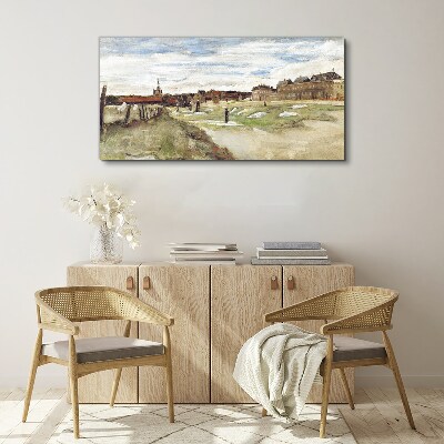 Canvas schilderij Landschap met figuren tegen de achtergrond van de stad