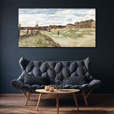 Canvas schilderij Landschap met figuren tegen de achtergrond van de stad