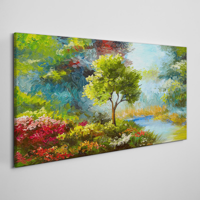 Schilderij op doek Lentelandschap met een boom en bloemen