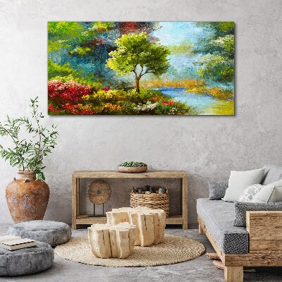 Schilderij op doek Lentelandschap met een boom en bloemen