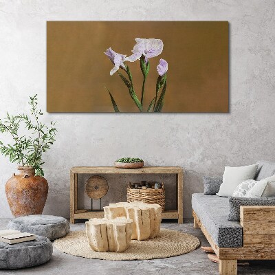 Canvas schilderij Irisbloemen op een bruine achtergrond