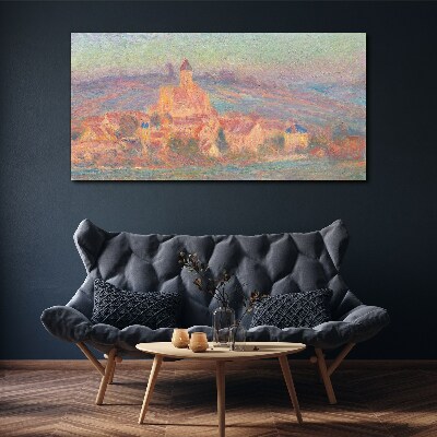 Foto op canvas Mistig landschap met een kasteel