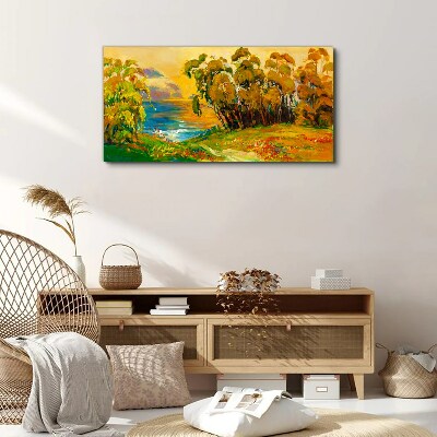 Foto op canvas Gouden bomen boven de blauwe zee