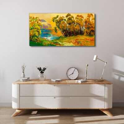 Foto op canvas Gouden bomen boven de blauwe zee