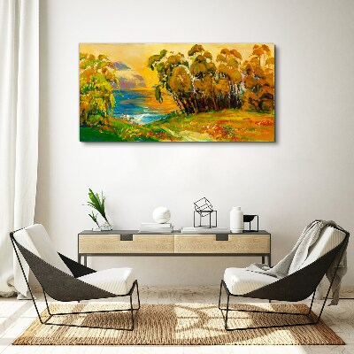 Foto op canvas Gouden bomen boven de blauwe zee
