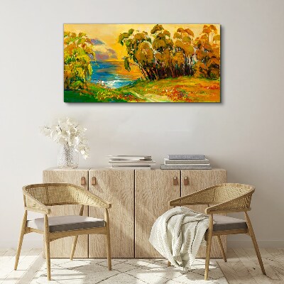Foto op canvas Gouden bomen boven de blauwe zee