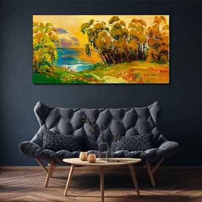 Foto op canvas Gouden bomen boven de blauwe zee