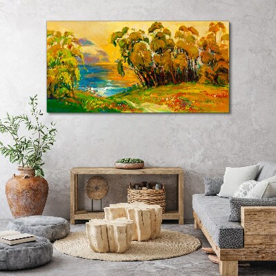 Foto op canvas Gouden bomen boven de blauwe zee