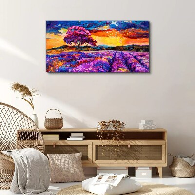 Schilderij op doek Paarse lavendelvelden bij zonsondergang