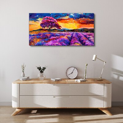 Schilderij op doek Paarse lavendelvelden bij zonsondergang