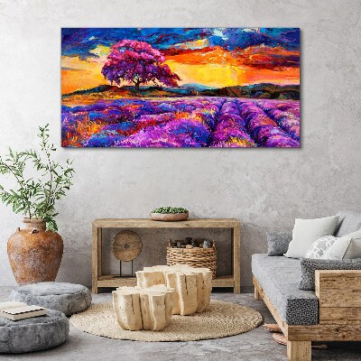 Schilderij op doek Paarse lavendelvelden bij zonsondergang