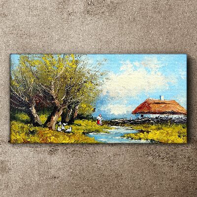 Schilderij op doek Landelijk landschap met een huisje en bomen
