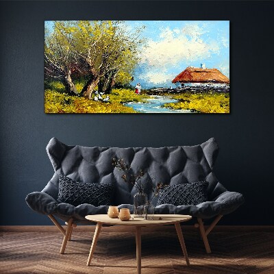 Schilderij op doek Landelijk landschap met een huisje en bomen