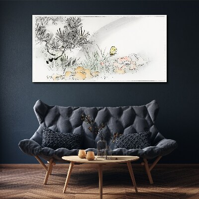 Canvas schilderij Bloemenlandschap met een vlinder