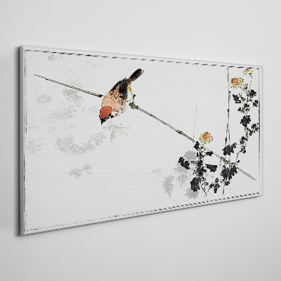 Canvas schilderij Een vogel op een tak met bloemen