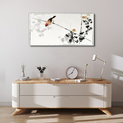 Canvas schilderij Een vogel op een tak met bloemen