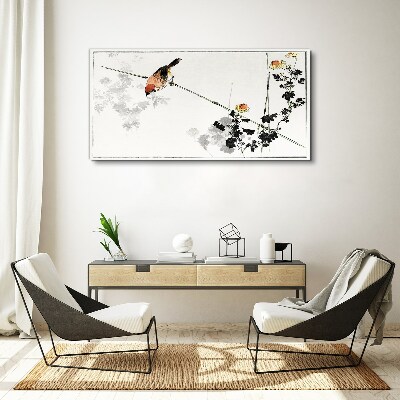 Canvas schilderij Een vogel op een tak met bloemen