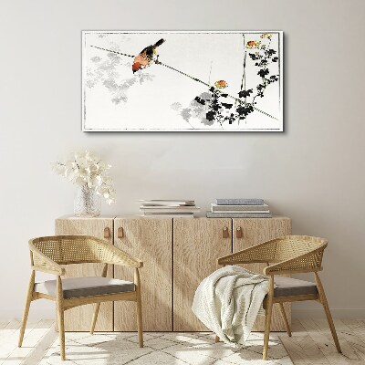 Canvas schilderij Een vogel op een tak met bloemen