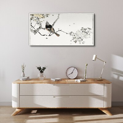 Schilderij op doek Een vogel op een tak in delicate kleuren