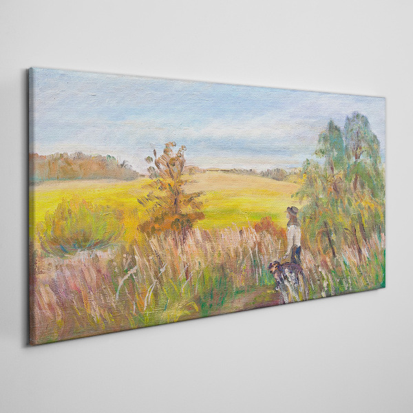 Foto op canvas Zomerlandschap met een figuur en een hond